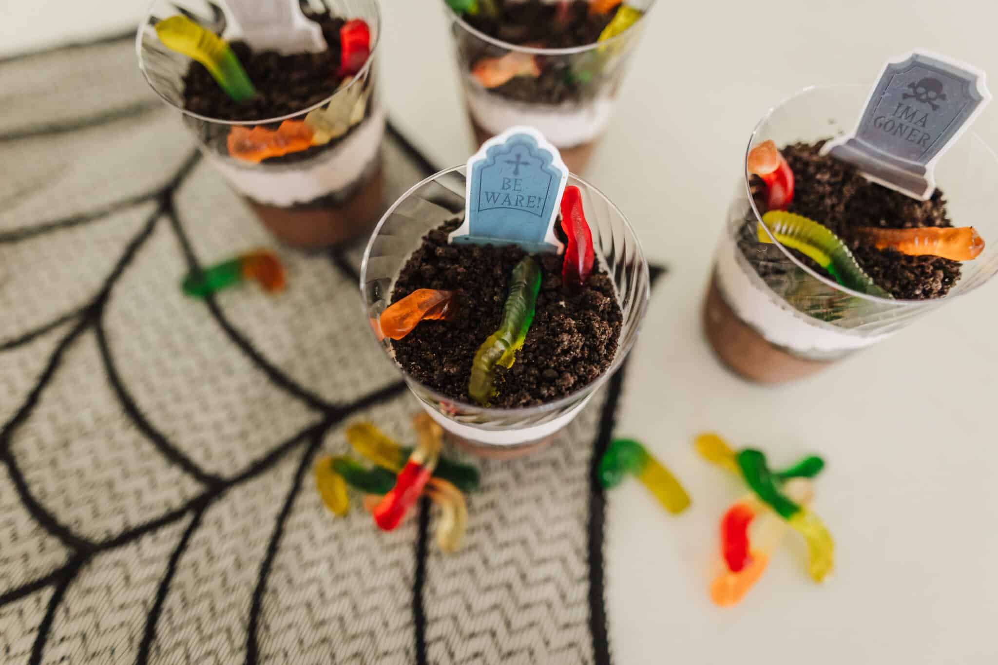 Halloween Dirt cups prepared and ready to serve. 