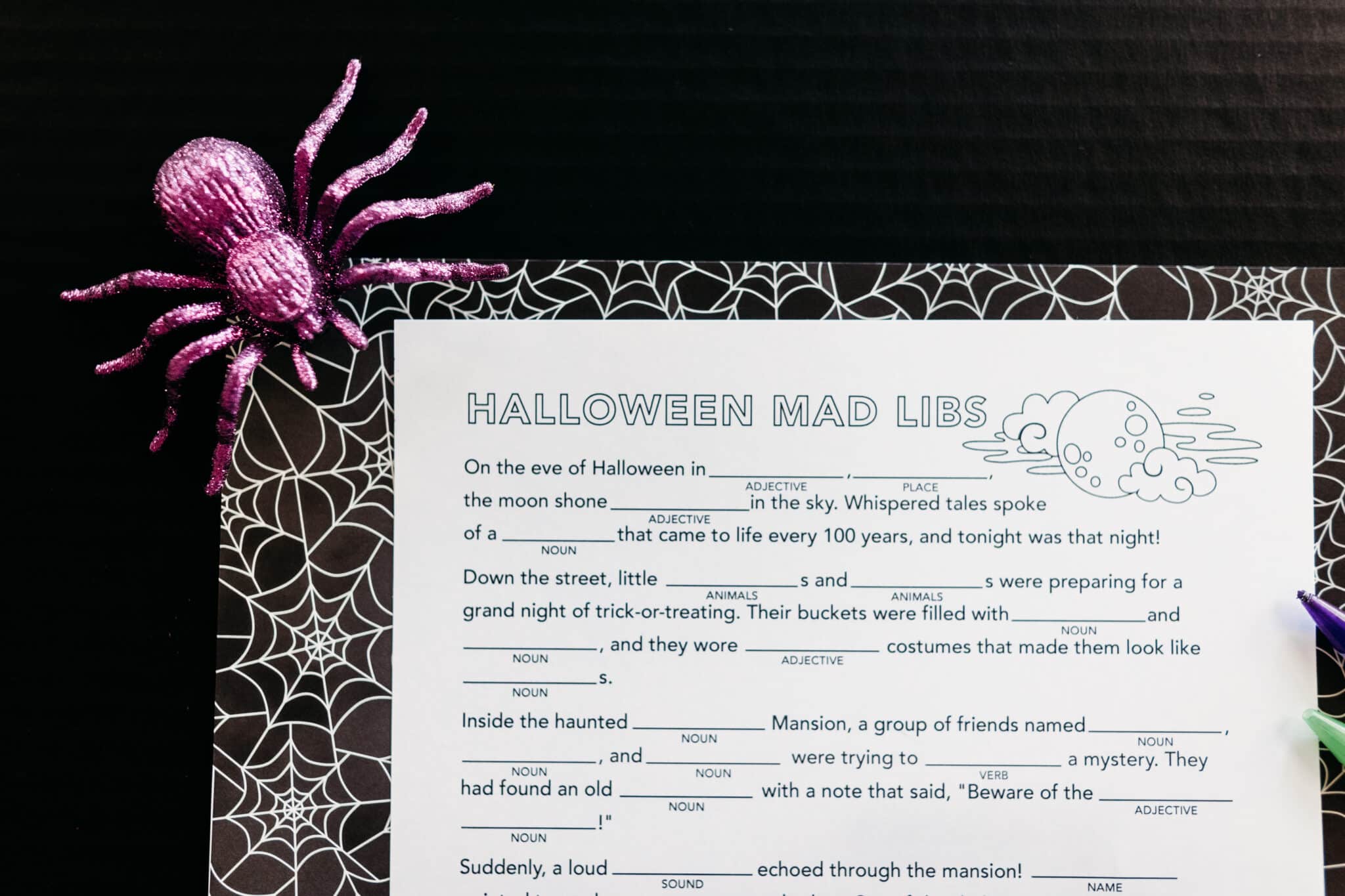 Mad Libs Halloween printed on spider web paper. 