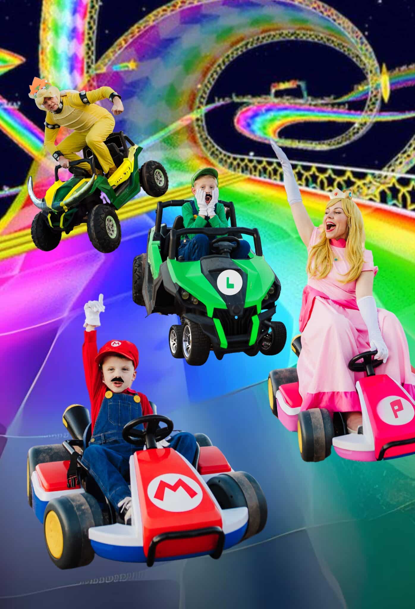 Mario Kart Costume with family Photoshopped onto Rainbow Road. 