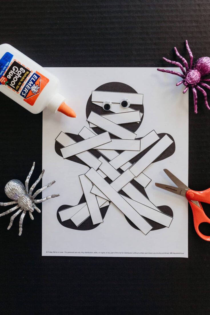 Printable Mummy Template complete as a mummy craft for kids.