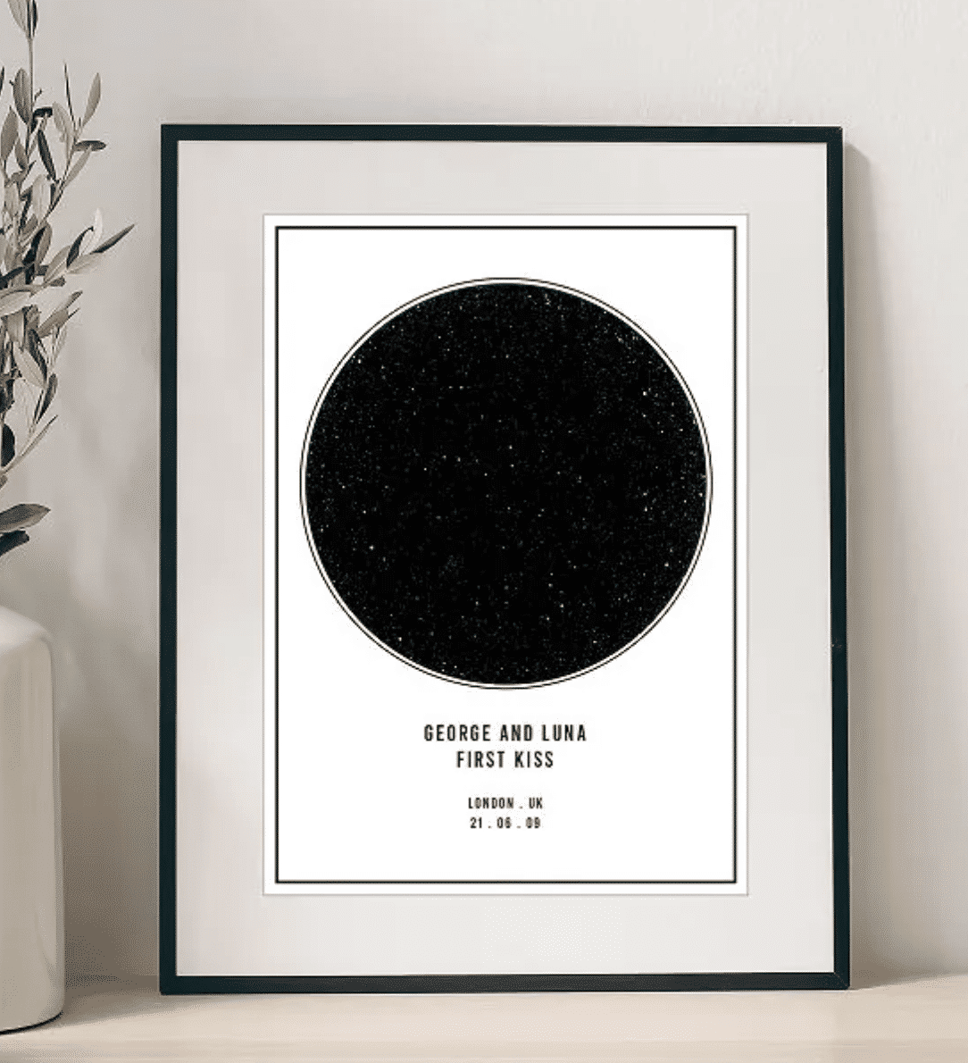A framed personalized star map.