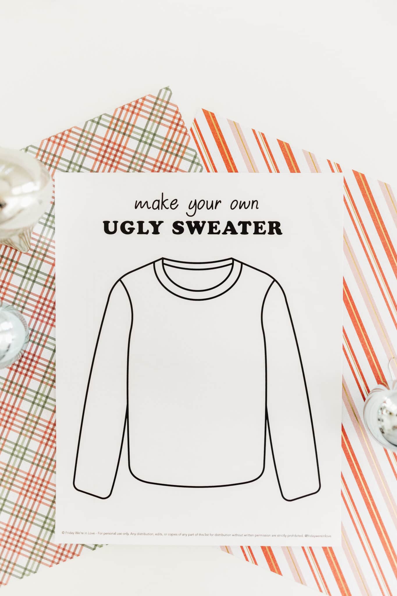 Ugly sweater template free printable download on Christmas wrapping paper. 