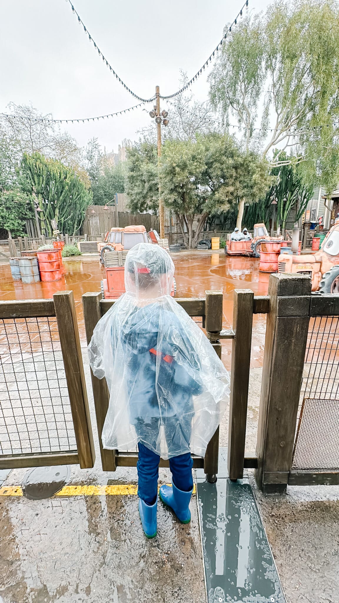 An example showing What to Disneyland in the rain with a kid in rain gear. 