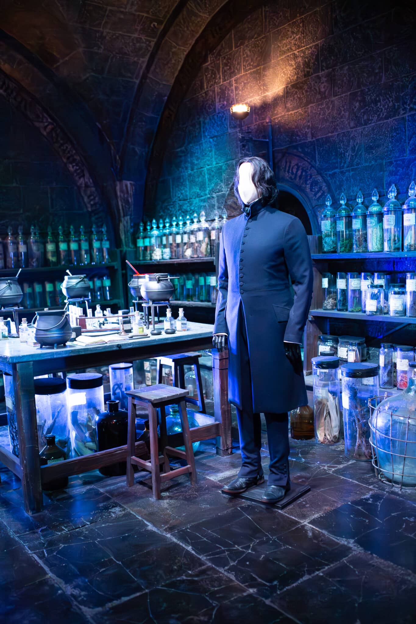 A close up look of the Harry Potter Studio tour London movie set of the potions classroom. 