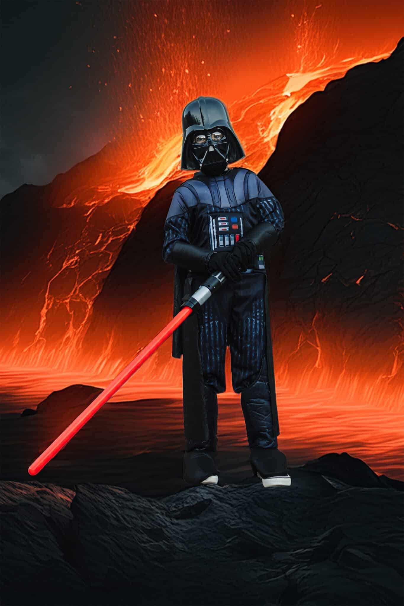 Darth Vader Kids Costume with lava background.