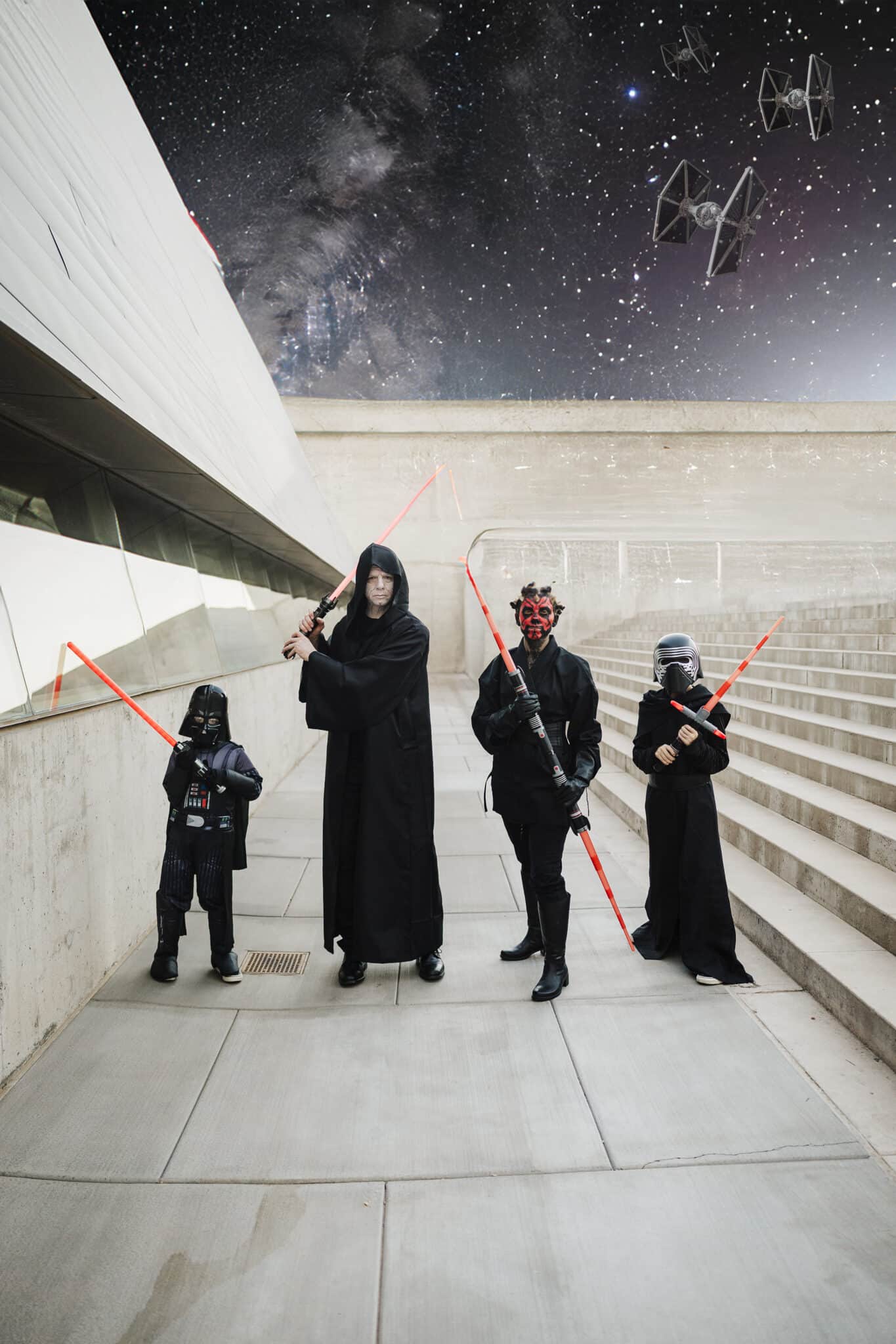 Star Wars Csotumes with Darth Vader, Emperor Palpatine, Darth Maul, and Kylo Ren.
