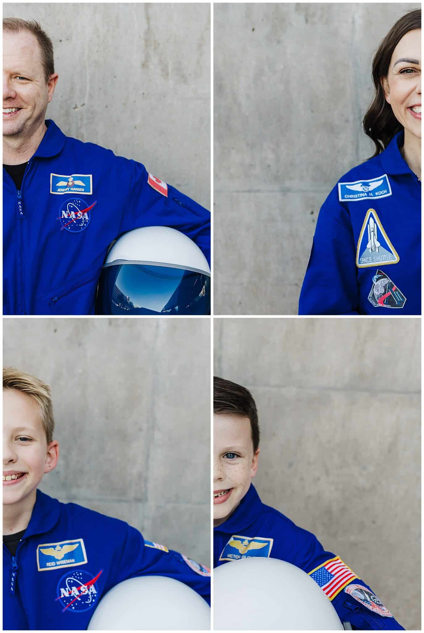 Collage of a family in blue NASA flight suits with Jeremy Hansen, Christina Koch, Reid Wiseman, and Victor Glover name patches